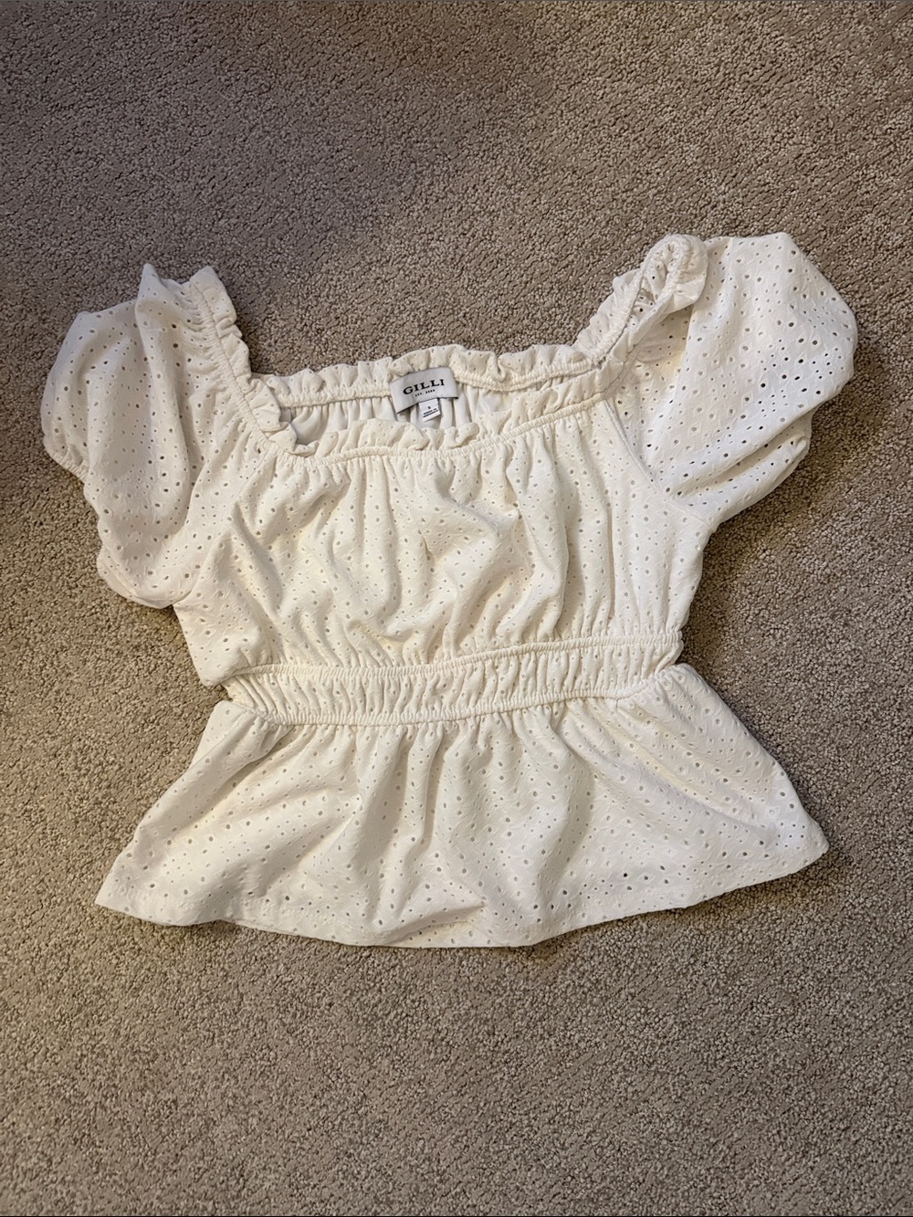 Gilli Cream Eyelet Puff Sleeve Peplum Top